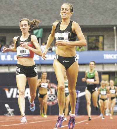 Julie Culley and Molly Huddle cross the finish line during the women’s 5000 meter final at the U.S. Olympic Track and Field Trials on June 28 in Eugene, Ore. AP