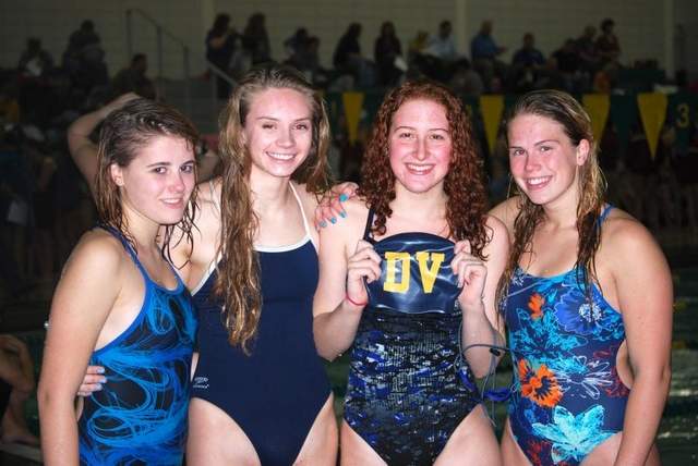 The Delaware Valley Regional High School relay team: (from left) Kate Brown, Kelly Moran, Sarah Feiner and Aleksa Lapinas. / Photo courtesy of Fred Feiner